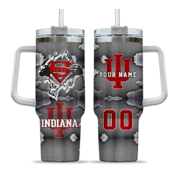 personalized indiana hoosiers superman shield red gray curved tumbler best selling.webp