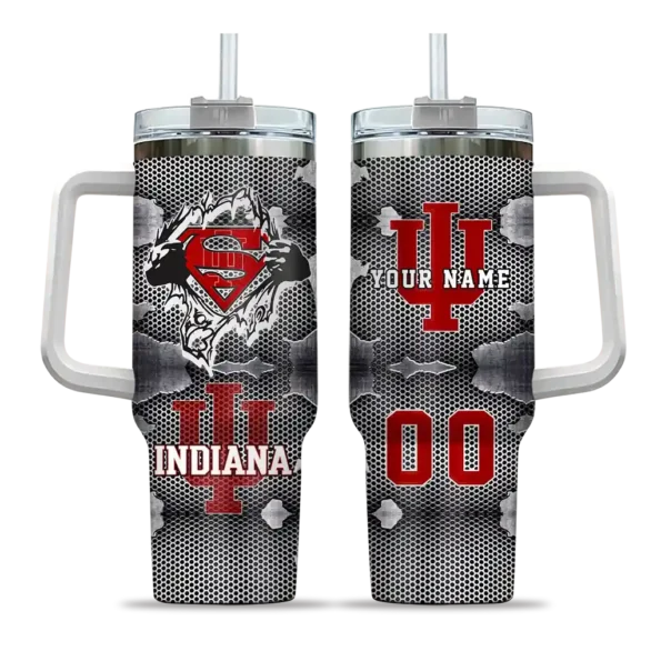 personalized indiana hoosiers superman shield red gray curved tumbler best selling.webp