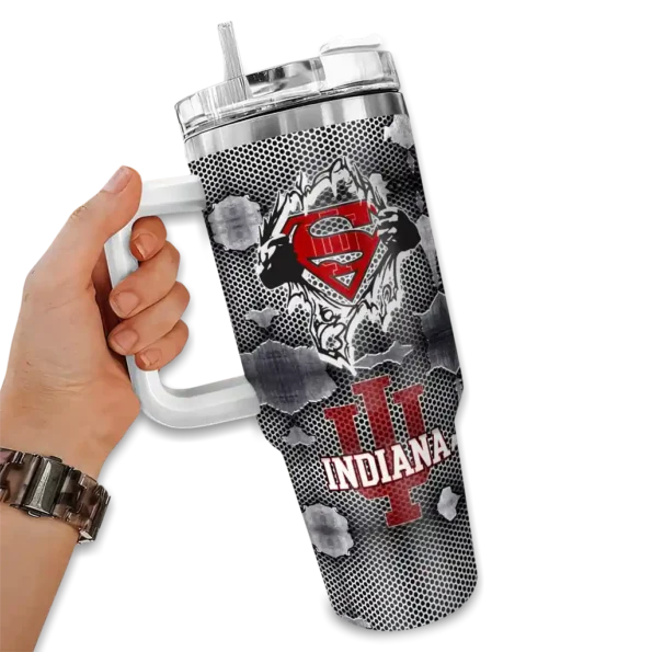 personalized indiana hoosiers superman shield red gray curved tumbler fashion forward.webp