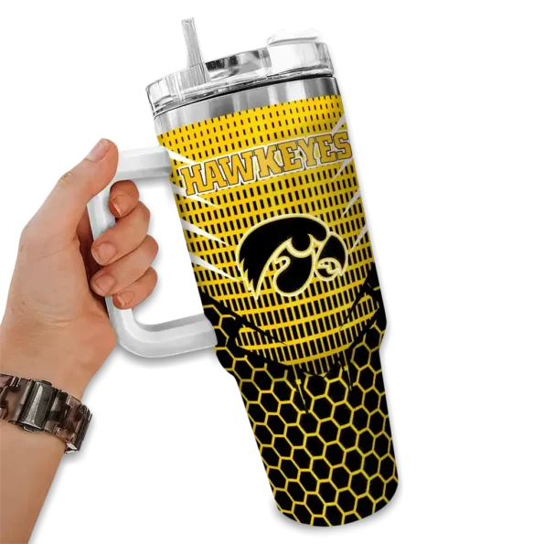 personalized iowa hawkeyes hex texture black curved tumbler fashion forward.webp