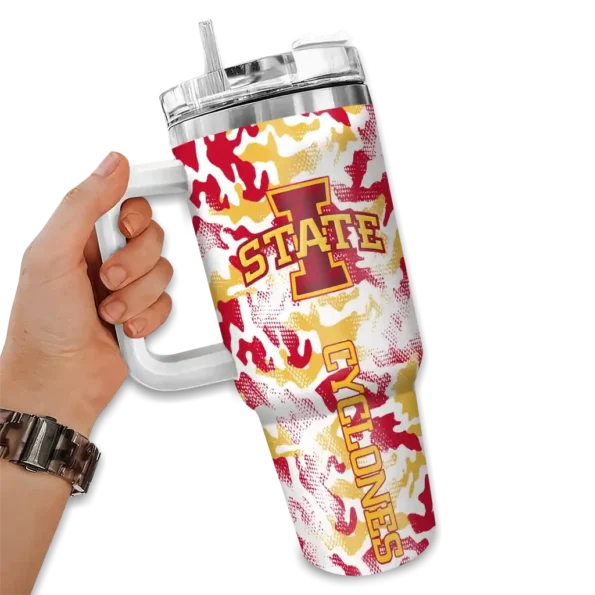 personalized iowa state cyclones camo mashup red white curved tumbler fashion forward.webp