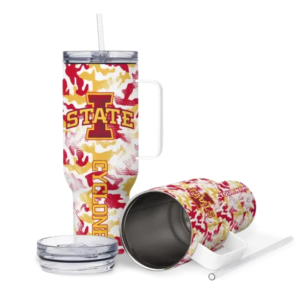 personalized iowa state cyclones camo mashup red white curved tumbler high quality.webp