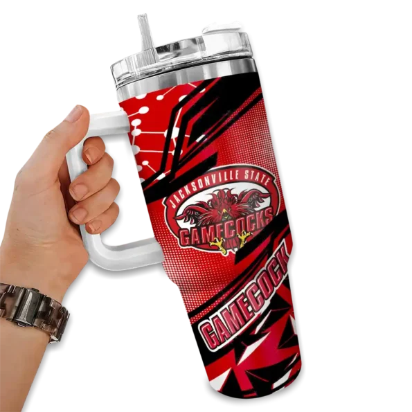 personalized jacksonville state gamecocks abstract paths red curved tumbler fashion forward.webp