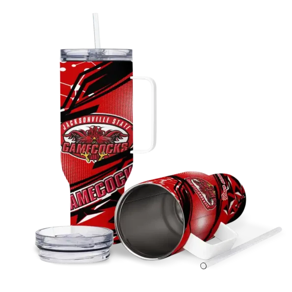 personalized jacksonville state gamecocks abstract paths red curved tumbler high quality.webp