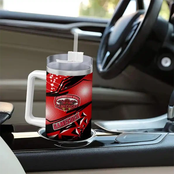 personalized jacksonville state gamecocks abstract paths red curved tumbler trendy.webp
