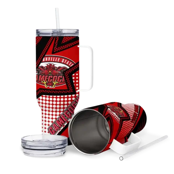 personalized jacksonville state gamecocks arrow burst red curved tumbler high quality.webp