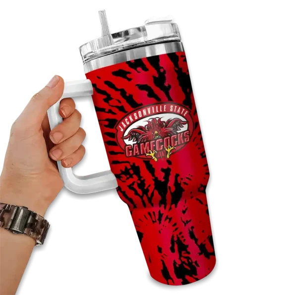 personalized jacksonville state gamecocks burst swirl red curved tumbler fashion forward.webp