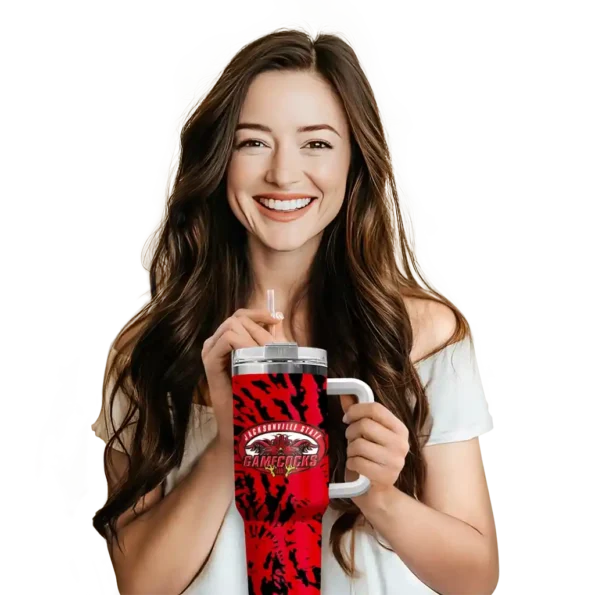 personalized jacksonville state gamecocks burst swirl red curved tumbler premium grade.webp
