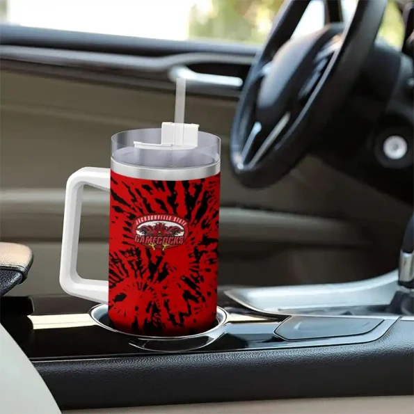 personalized jacksonville state gamecocks burst swirl red curved tumbler trendy.webp