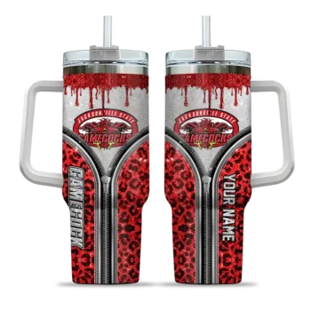 personalized jacksonville state gamecocks leopard zipper red curved tumbler best selling.webp