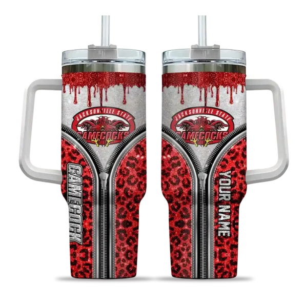 personalized jacksonville state gamecocks leopard zipper red curved tumbler best selling.webp