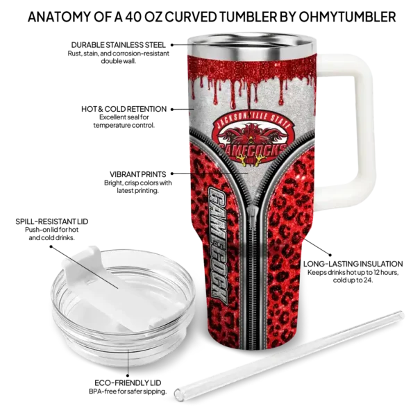 personalized jacksonville state gamecocks leopard zipper red curved tumbler new arrival.webp