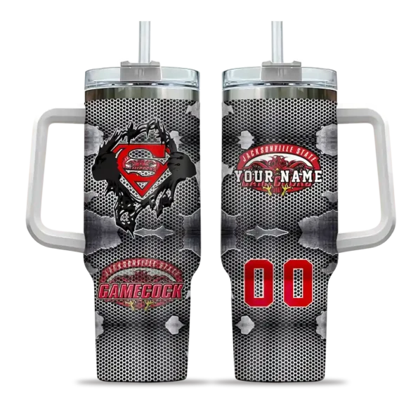 personalized jacksonville state gamecocks superman shield red gray curved tumbler best selling.webp