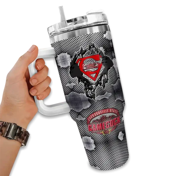 personalized jacksonville state gamecocks superman shield red gray curved tumbler fashion forward.webp