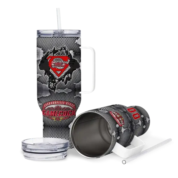 personalized jacksonville state gamecocks superman shield red gray curved tumbler high quality.webp