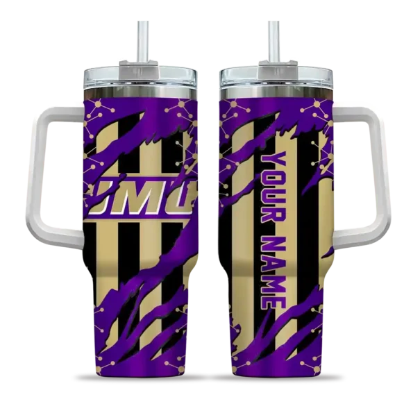 personalized james madison dukes claw cut purple black curved tumbler best selling.webp