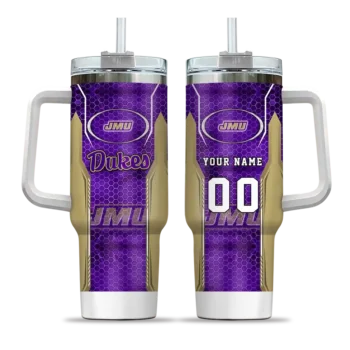 personalized james madison dukes hexagon armor purple curved tumbler best selling.webp