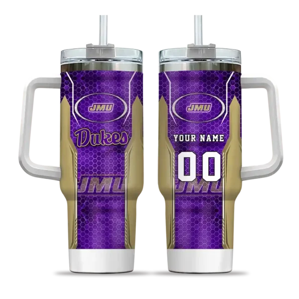 personalized james madison dukes hexagon armor purple curved tumbler best selling.webp