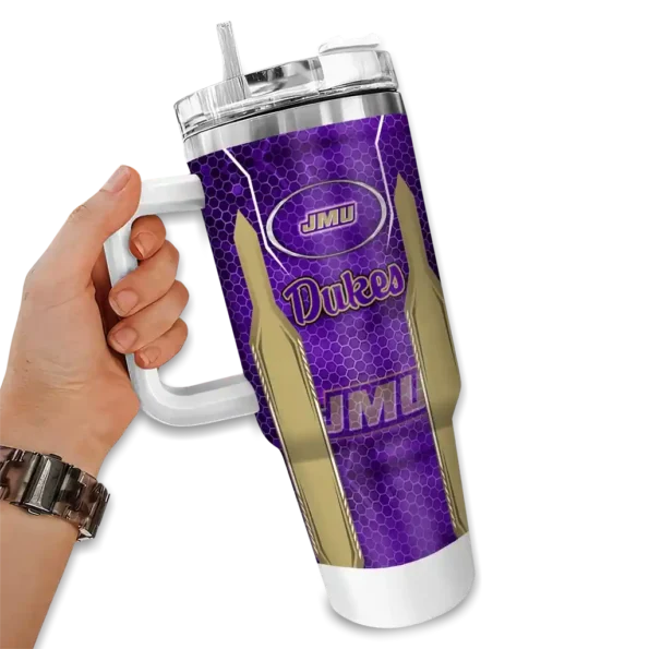 personalized james madison dukes hexagon armor purple curved tumbler fashion forward.webp