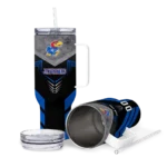 personalized kansas jayhawks arrow armor blue black curved tumbler best selling.webp