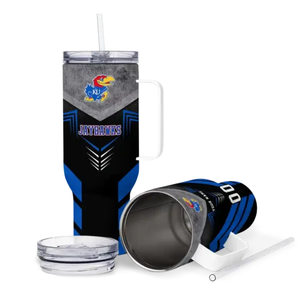 personalized kansas jayhawks arrow armor blue black curved tumbler high quality.webp