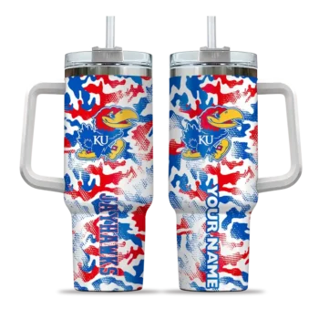 personalized kansas jayhawks camo mashup blue white curved tumbler best selling.webp