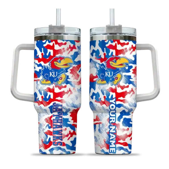 personalized kansas jayhawks camo mashup blue white curved tumbler best selling.webp