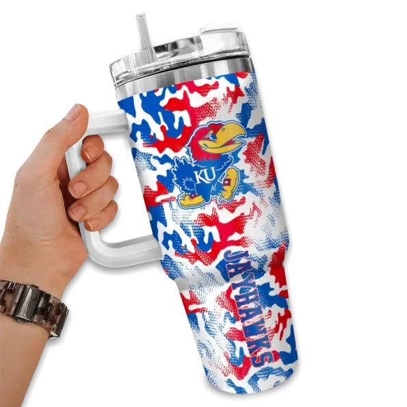 personalized kansas jayhawks camo mashup blue white curved tumbler fashion forward.webp