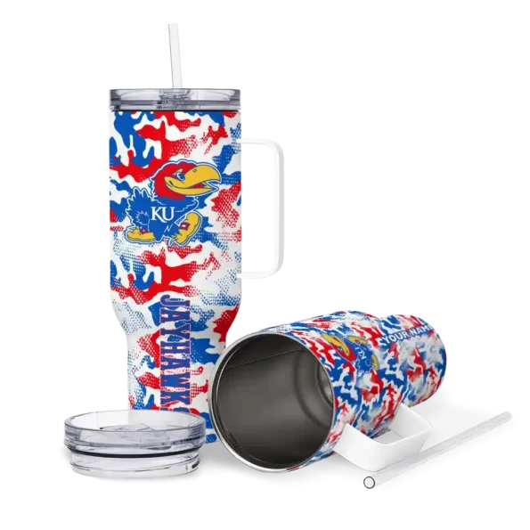 personalized kansas jayhawks camo mashup blue white curved tumbler high quality.webp