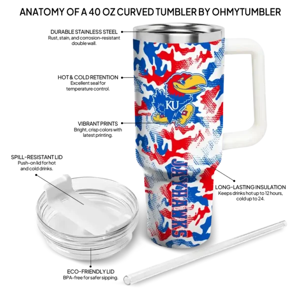 personalized kansas jayhawks camo mashup blue white curved tumbler new arrival.webp
