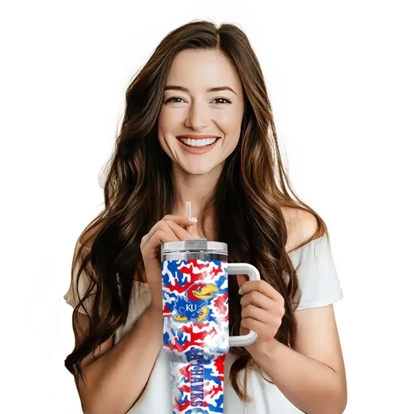 personalized kansas jayhawks camo mashup blue white curved tumbler premium grade.webp