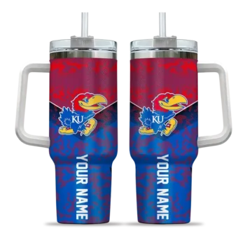 personalized kansas jayhawks chevron stripe blue curved tumbler best selling.webp
