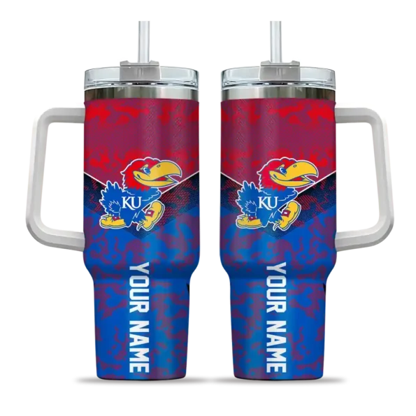 personalized kansas jayhawks chevron stripe blue curved tumbler best selling.webp