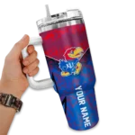 personalized kansas jayhawks chevron stripe blue curved tumbler best selling.webp