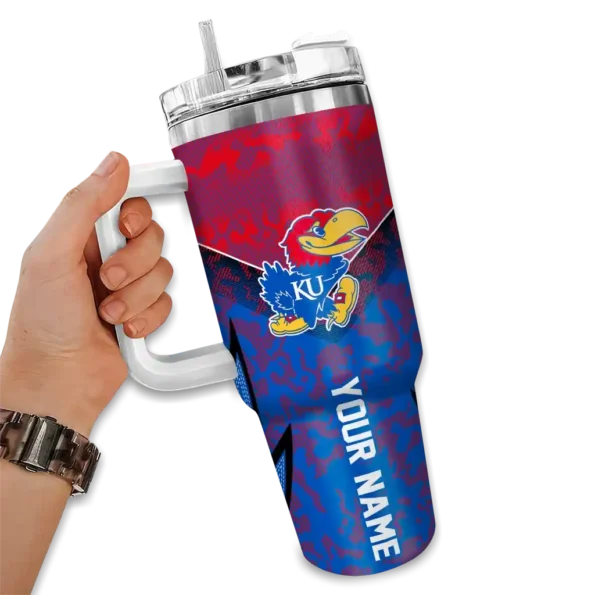 personalized kansas jayhawks chevron stripe blue curved tumbler fashion forward.webp