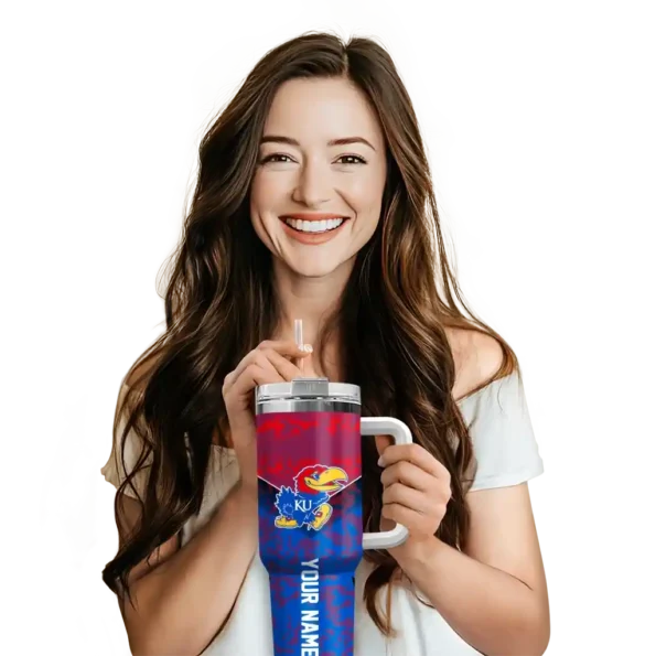 personalized kansas jayhawks chevron stripe blue curved tumbler premium grade.webp