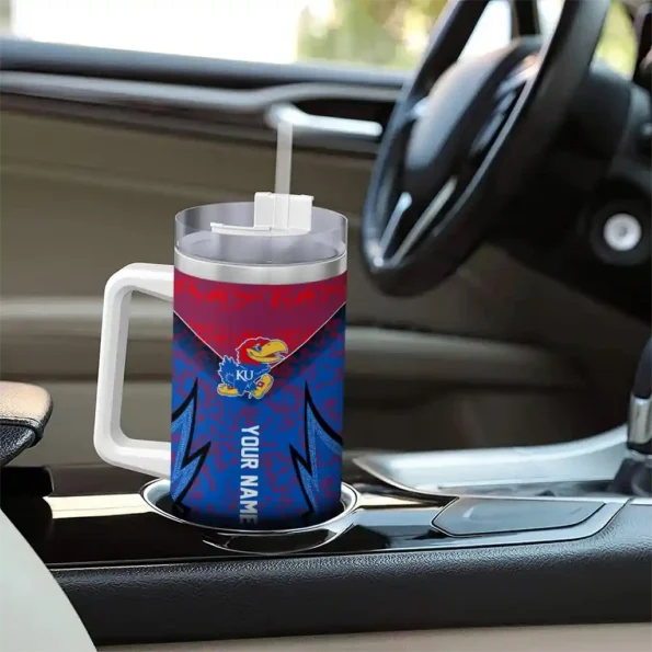 personalized kansas jayhawks chevron stripe blue curved tumbler trendy.webp
