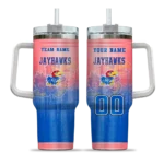 personalized kansas jayhawks gradient dots blue curved tumbler best selling.webp