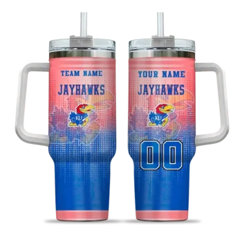 personalized kansas jayhawks gradient dots blue curved tumbler best selling.webp