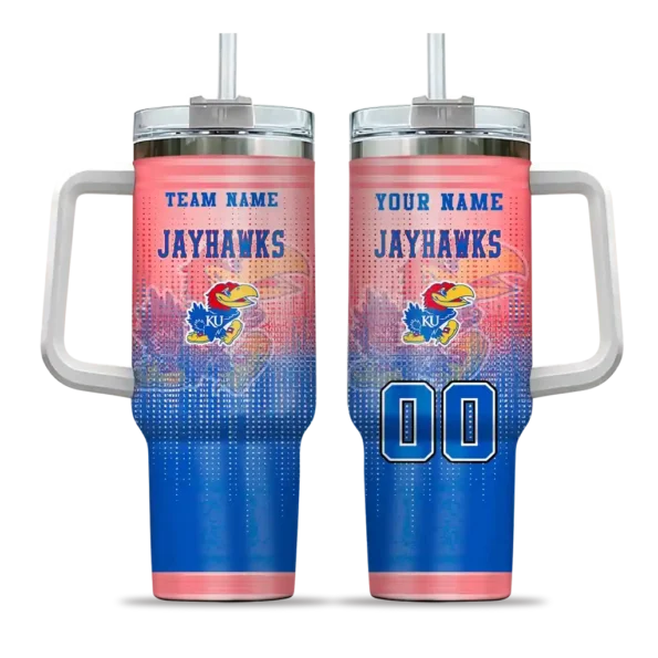 personalized kansas jayhawks gradient dots blue curved tumbler best selling.webp