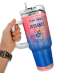 personalized kansas jayhawks gradient dots blue curved tumbler best selling.webp