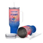 personalized kansas jayhawks gradient dots blue curved tumbler best selling.webp