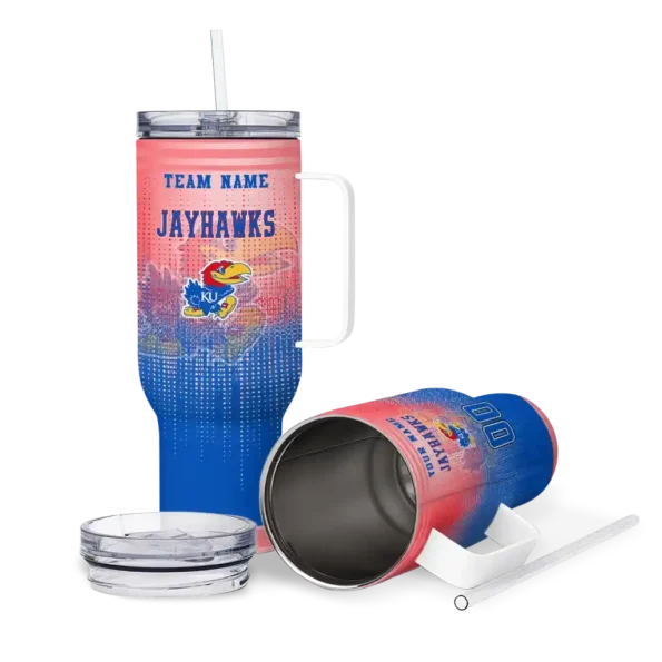 personalized kansas jayhawks gradient dots blue curved tumbler high quality.webp