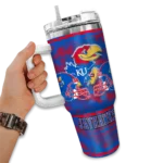 personalized kansas jayhawks honey streaks blue curved tumbler best selling.webp