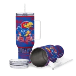 personalized kansas jayhawks honey streaks blue curved tumbler best selling.webp