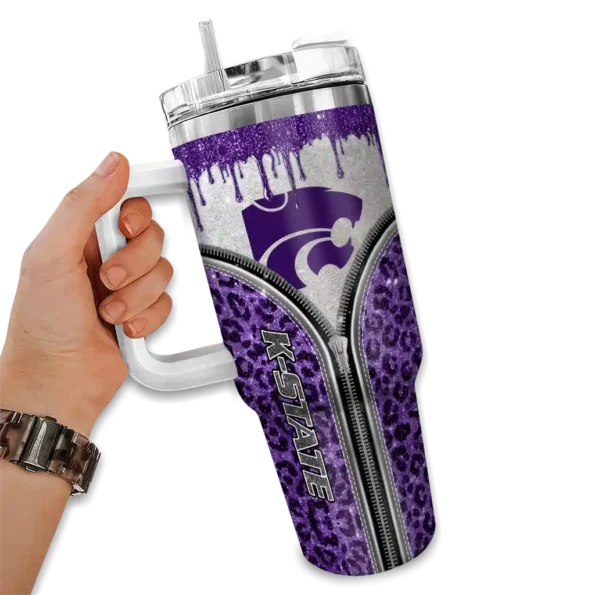 personalized kansas state wildcats leopard zipper purple curved tumbler fashion forward.webp