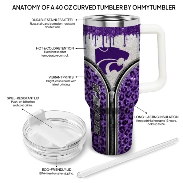 personalized kansas state wildcats leopard zipper purple curved tumbler new arrival.webp