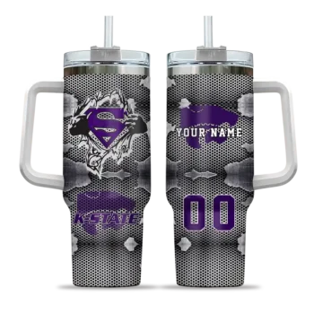 personalized kansas state wildcats superman shield purple gray curved tumbler best selling.webp