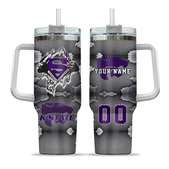 personalized kansas state wildcats superman shield purple gray curved tumbler best selling.webp