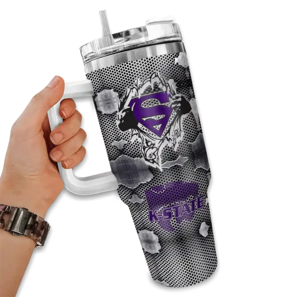 personalized kansas state wildcats superman shield purple gray curved tumbler fashion forward.webp